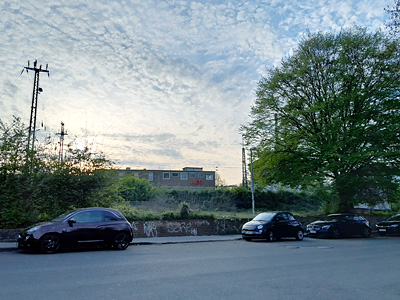 Gartengrundst&uuml;ck, Brache mit Wiese und Baum, bemalte Werbeplakatwand